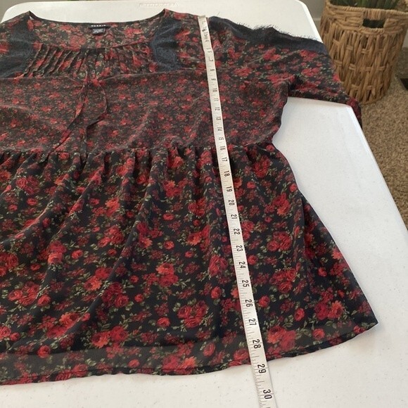 Torrid Dark Floral Print Chiffon Lace Inset Blouse Flare Sleeve Ruffle Tie Neck - Picture 12 of 16